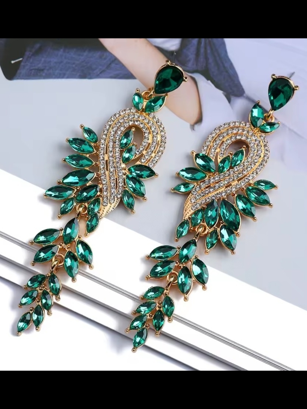 Emerald Green Crystal Drop Earrings - Gold Tone